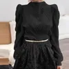 Fashion Summer Ladies Elegant Puff Chiffon Shirt Women's Long Sleeve Stand Color Multilayer Ruffles Blouse Top 210416