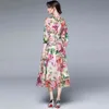 夏のファッション滑走路ビーチBohoシフォン女性の弓襟パフスリーブ花柄プリントホリデープリーツMidi Dress 210416