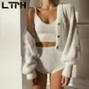 StayHome Style Sweet White Mohair Camisole Top Lazy Loose Outerwear Women 3 Pieces Set Casual Short Outfits Spring 210427