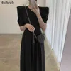 シンプルな気質ドレス女性韓国の首のパフ半袖スリムなAラインのvestidosヴィンテージプリーツパーティーマキシドレス210519