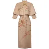 Etnisk Kläder Elegant Slim Qipao + Sjal Tvådelad Kinesisk Klänning Kvinnor Hanfu Traditionell Robe Orientale Kvinna Vestido Chino Autumn Cheongs