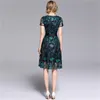 Letnia Sukienka Floral Haft Koronki Kobiety Krótki Rękaw Przezroczysty Retro Vintage Midi Wysokiej Jakości Robe Femme 210603