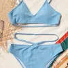 NewAsia Costume da bagno in maglia a costine Sexy scollo a V Cinghie regolabili Reggiseno imbottito e slip Set Bikini brasiliano Moda donna Beachwear 210413