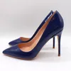Moda kadınlar kraliyet mavi patent deri şiir ayak parmağı stiletto yüksek topuk pompa yüksek topuklu ayakkabılar gelinlik