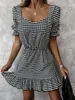 Retro Square Collar Plaid Taille Afslanken Jurk Casual Zomer Mode Dameskleding 210520