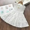 곰 리더 여름 패션 여자 드레스 우아한 아이 의상 랜턴 슬리브 소녀 면화 드레스 버튼 단단한 아이 의류 210708
