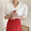 Koreański elegancki lato puff z krótkim rękawem kobiety koszule bawełna potargająca bluzka kobiety casual moda topy kobiece odzież blusas 13848 210512