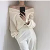 Long Sleeve Sexy Knit Sweater For Women Autumn Winter Pullover Tops Korean Cross V-neck Off Shoulder Ladies Thick Sweaters 210518