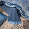 Conjuntos de cama Luxo Rose Blue Set Temperamento de coroa Tampa de edredão Lavagem de seda / folha de algodão longa 1.5 / 2.0m Cama Home Têxtil