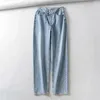 Summer Fashion Light Blue Women Asymmetric Fly Jeans With Button Closure Split Waist Straight Leg Plus Size 2S4F 210809