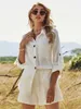High Quality Linen Women Matching Set Fashion Office Shirt And Shorts Two Piece Set Summer Autumn Suits Outfits 210625