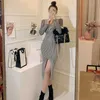 winte knitted sweater Korea ladies long Sleeve V neck formal Sexy Midi CLub warm party Dresses for women clothing 210602