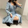 Mulheres Chic Manga Longa Coleira Quadrada Single-breasted Blue Jeans Pocket Pocket Midi A-Linha Denim Sashes Vestido 210416