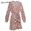 Yitimuceng Vintage Floral Pint Folds Mini Dresses Women V-Neck A-Line Long Sleeve Summer Spring French Fashion Dress 210601