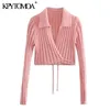 KPYTOMOA Women Fashion With Tied Wrap Cropped Knitted Cardigan Sweater Vintage Long Sleeve Female Outerwear Chic Tops 211018