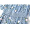 Boho Yaz Moda Tasarımcısı Elbise Kadın Çiçekler Nakış Dantel Örgü Zarif Tatil Parti Bayan Midi Mavi Elbiseler ROPA 210421