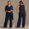 Navy Three Pieces Lovertjes Moeders broekpakken met lange mouwen Jas Pantsuits Jewel Neck Chiffon Groom Mother Outfit