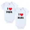 2 pçs / lote nascido roupas bebê roupas de manga curta menina menino eu amo papa mama design 100% algodão macacão de bebe trajes branco 210816