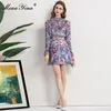 Mode Designer Sommar Lila Kjol Set Kvinnors Ruffle Långärmade Toppar och A-Line Printed Mini Kjolar 2 Pieces Suit 210524