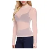 Womens Long Sleeve High Neck Arm Shaper Top Sexy Women See Through Transparent Sheer Mesh Yoke Casual Slim Ladies Blouse Shirt Women's Blous