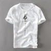 Mężczyźni Moda Marka Marka Japonia Styl Zabawny Ptak Cartoon Haft 100% Lniana Cienka Oddychająca Koszulka T-shirt Męski Casual Pullover Top 210716