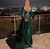 Szmaragdowe zielone muzułmańskie suknie wieczorowe z długim rękawem kryształowe zroszony plama turcja arabski dubaj Ruched Mermaid suknia wieczorowa nosić