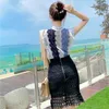 Small fragrance, famous woman, thin lace hollow jacket, high waist, slim half-length skirt suit, summer style of 210515