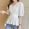 SURMIITRO Mode Summer Blouse Femmes Manches courtes Style coréen Tunique en mousseline de soie blanche à lacets Chemise féminine Femme 210712