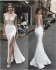 Sexy Side Split Wedding Dresses Beach Lace Appliques Illusion Beach Bridal Dress Satin Bohemian Wedding Formal Gown Sheath Wedding Dresses