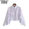 Women Fashion With Ruffled Trims Poplin Blouses Vintage Long Sleeve Button-up Female Shirts Blusas Chic Tops 210507