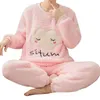 Winter Flannel Thicken Pajamas Set for Women Long Sleeve + Long Pants Casual Loose Warm Soft Sleepwear Loungewear 2Pcs Pjs 210928