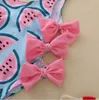 INS baby girls cartroon swim one-piece swimsuit fashion kids watermelon print bowknot swimwear children summer spa bathing suit S1253