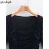 Vintage Dark Blue Draped Mesh Body Women Square Neck Długi Rękaw Body Femme Sexy Topy 210514