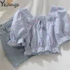 Ekose Puf Kollu Fırfır Kısa Üst Kare Boyun Kadın T-shirt Dantel-up Vahşi Yaz Streetwear Tee Vintage Kadınlar Ins Kıyafetler 210619