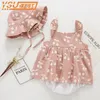 Sommar baby flicka rompers + hatt ärmlös jumpsuit kläder prinsessan toddler romer klänning född kläder 210429