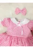 FLANEUR bebê menina manga curta rosa vestido xadrez com cabelo clipe para verão 2021 ocasião especial qualidade de algodão de algodão de algodão