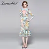 Trendstijl Ruches Mermiad Bodycon Jurken Dames Elegante Bow Collar Lange Mouw Bloem Print Celebrity Feestjurk Vestidos 210416