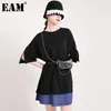 [EAM] Women Black Spliced Big Size Denim Zipper Dress Round Neck Half Sleeve Loose Fit Fashion Spring Summer 1DD7668 21512