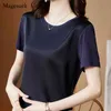 Плюс размер сатин Silk летняя футболка женщина с коротким рукавом мода женские футболки круглые шеи с твердой тройник футболка женские топы 13378 210512
