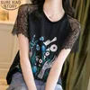 Black Short Sleeve Shirts Women Female Summer Fashion Casual O-Neck Print Cotton Silk Plus Size Top Blouses 9724 210417