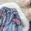 Primavera outono novo design jeans feminino cintura alta estampa de flores rosa moda perna larga calças compridas soltas SMLXL