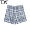 TRAF Mulher Chique Moda Com Botões Tweed Bermudas Shorts Saias Vintage Cintura alta Zíper Feminino Skorts Mujer 210415