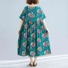 Johnature losse jurk casual print korte zakken zomerjurk knielengte reguliere natuurlijke O-hals katoen vrouwen jurk 210521