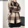 ZA Frauen Vintage Stilvolle Zweireiher Plaid Blazer Mantel Mode Langarm Taschen Büro Tragen Weibliche Oberbekleidung Chic Tops 210510