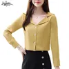 19 Långärmad Solid Chiffon Blus Kvinnor Toppar Ol Vintage Cardigan Skjorta Kvinnor Blus V Neck Kläder Kemisier Femme 7126 50 210518