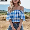 Blue Plaid Afdrukken Dames Blouse Half Mouw Casual Off Shoulder Dames Kleding Sexy Nachtclub Slash Neck Blusas Mujer 210515