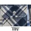 TRAF Women Fashion Oversized Check Cropped Jacket Coat Vintage Long Sleeve Pockets Female Outerwear Chic Tops 210415