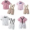 Toddler Boy Clothes Boys Bow Tie Shirts Suspender Pants 2pcs Sets Short Sleeve Children Outfits Boutique Kids Clothing 7 Designs DW4162