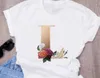 Combinaison de lettre de nom personnalisé T-shirt d'impression de haute qualité pour femmes Lettre de fleur Police A B C D E F G Vêtements à manches courtes X0527