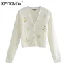 Women Fashion Floral Embroidery Cropped Cardigan Sweater Long Sleeve Button-up Female Outerwear Chic Tops 210420